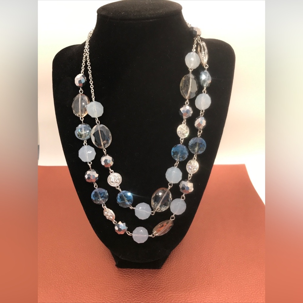 Crown Trifari Blue Glass Faceted Bead Double Strand Necklace Vintage Jewelry